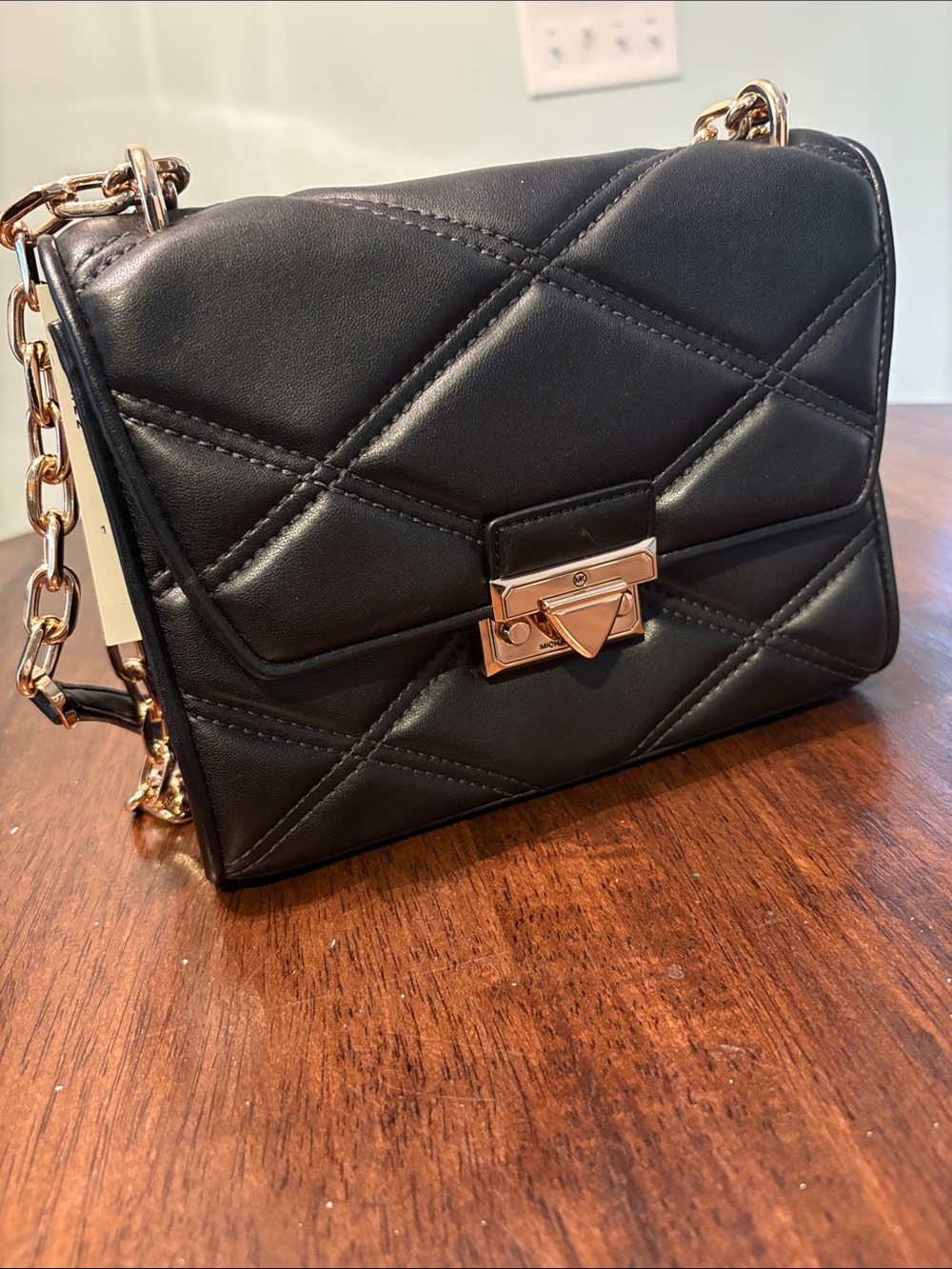 MICHAEL Michael Kora Quilted Black Chain Shoulder Bag with Gold Hardware